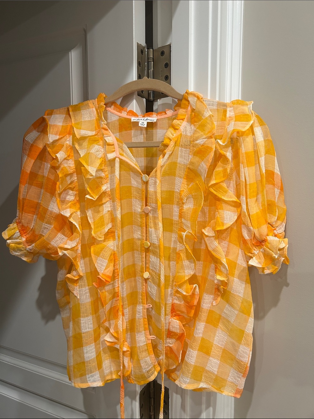 For Love & Lemons Yellow Orange Gingham Ruffle Button-Front Top